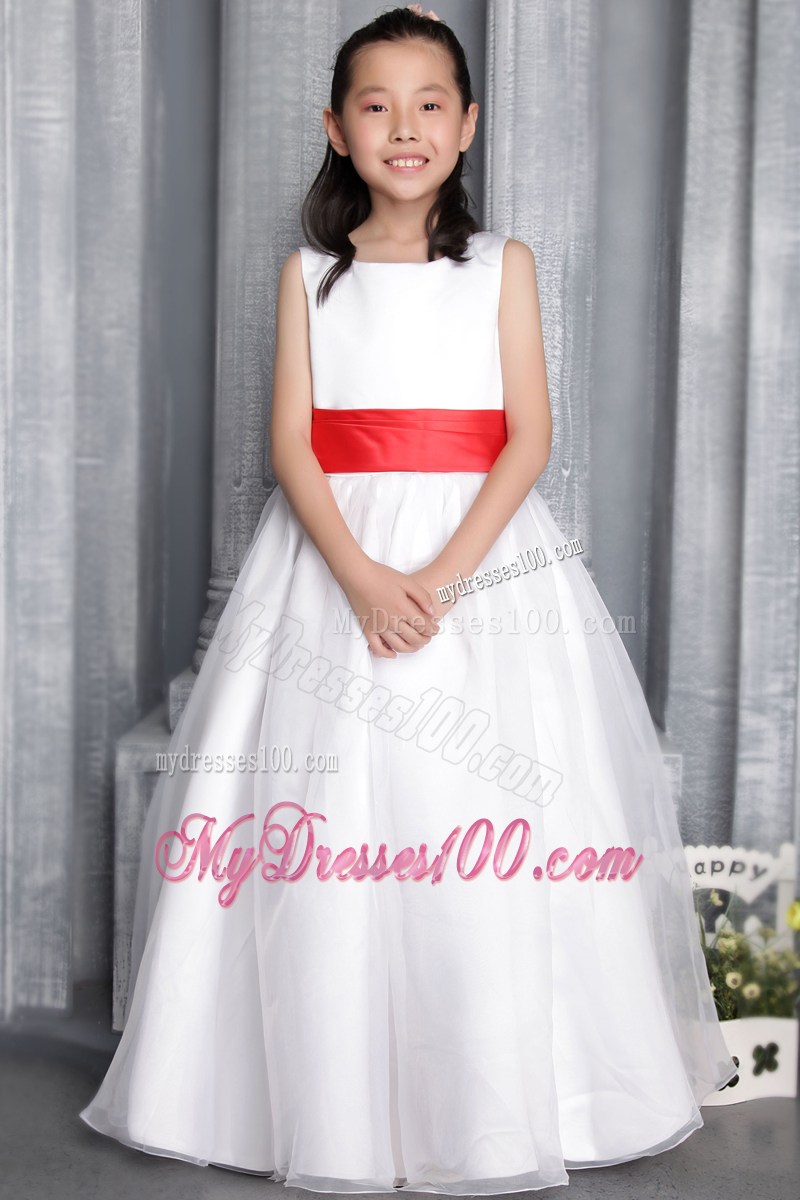 White Princess Scoop Floor-length Belt Flower Girl Dress