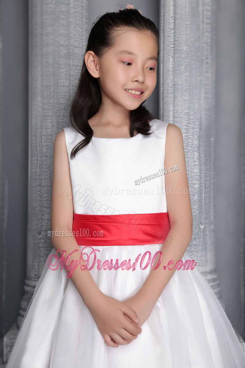 White Princess Scoop Floor-length Belt Flower Girl Dress