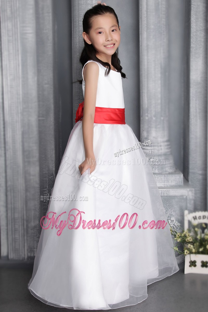 White Princess Scoop Floor-length Belt Flower Girl Dress