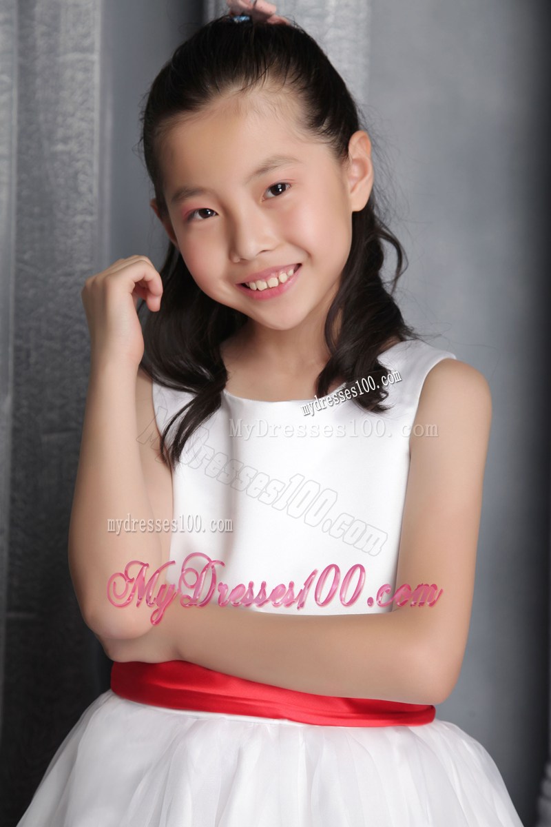 White Princess Scoop Floor-length Belt Flower Girl Dress