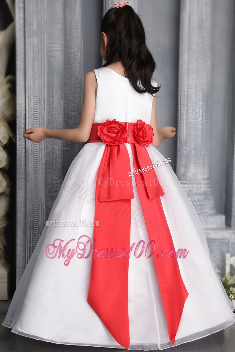 White Princess Scoop Floor-length Belt Flower Girl Dress