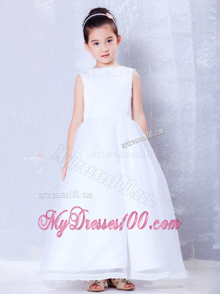 White Bateau Ankle-length Beading Flower Girl Dress