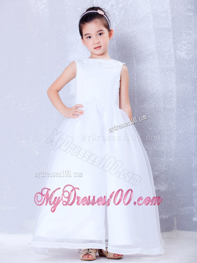 White Bateau Ankle-length Beading Flower Girl Dress