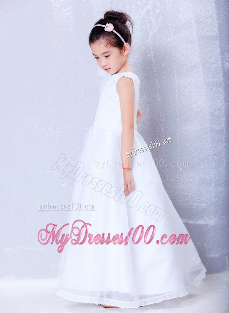 White Bateau Ankle-length Beading Flower Girl Dress