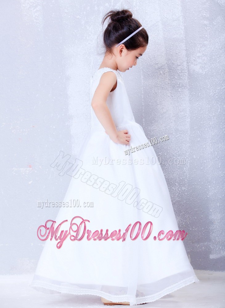 White Bateau Ankle-length Beading Flower Girl Dress