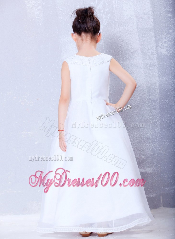 White Bateau Ankle-length Beading Flower Girl Dress