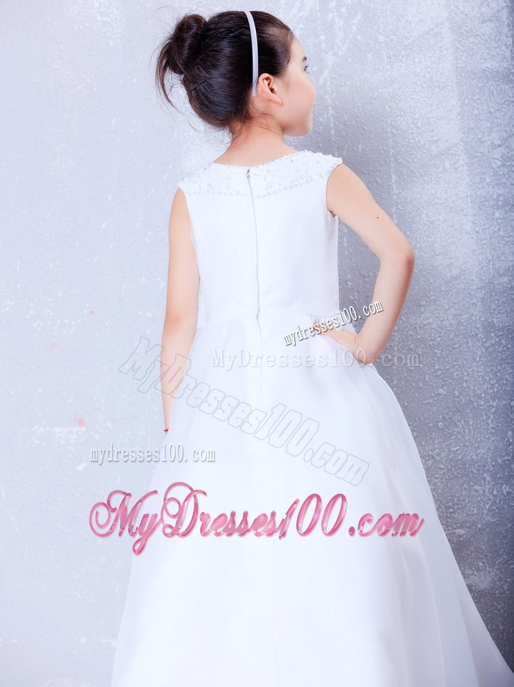 White Bateau Ankle-length Beading Flower Girl Dress