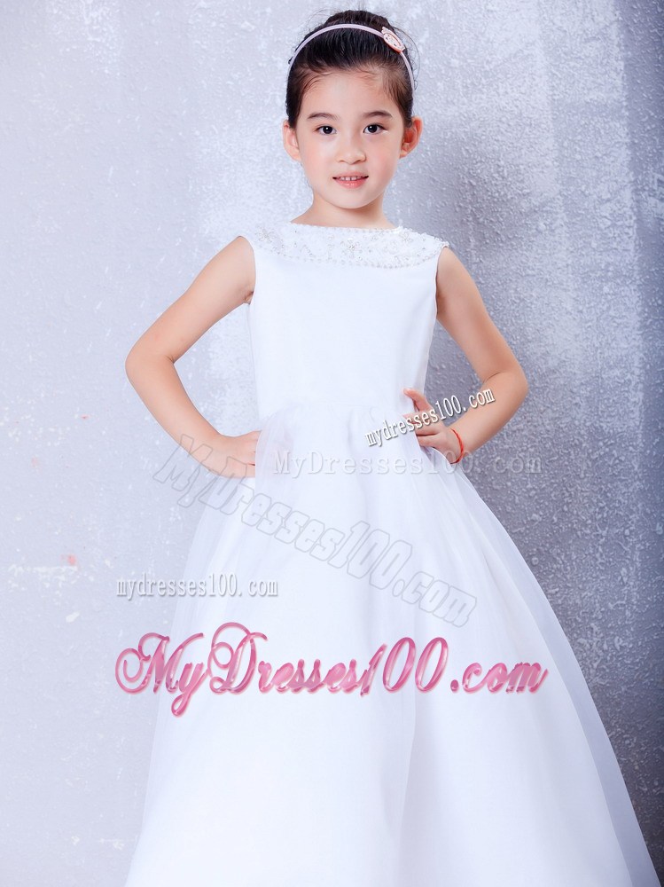 White Bateau Ankle-length Beading Flower Girl Dress