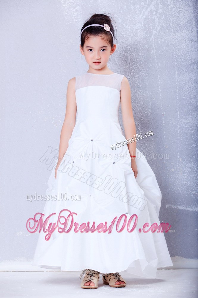 White Bateau Ankle-length Beading Flower Girl Dress