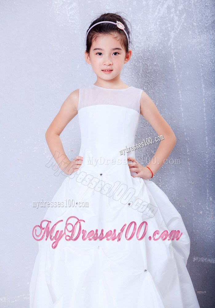 White Bateau Ankle-length Beading Flower Girl Dress