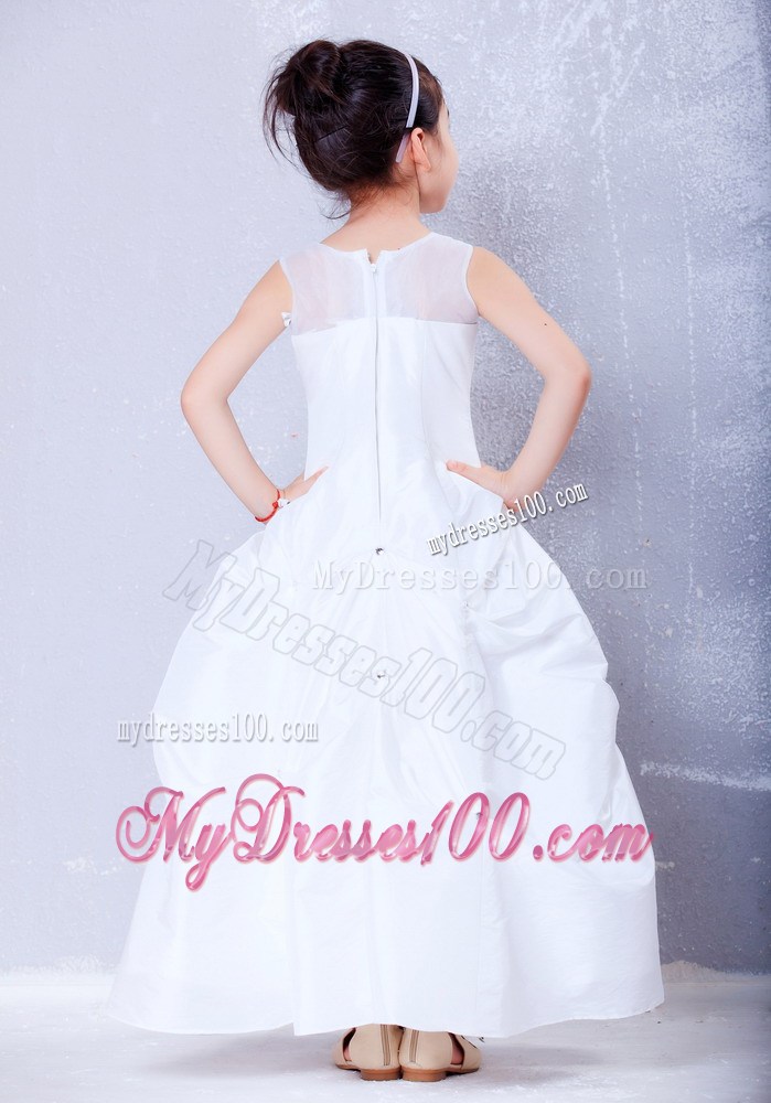 White Bateau Ankle-length Beading Flower Girl Dress