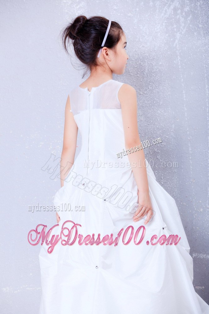 White Bateau Ankle-length Beading Flower Girl Dress