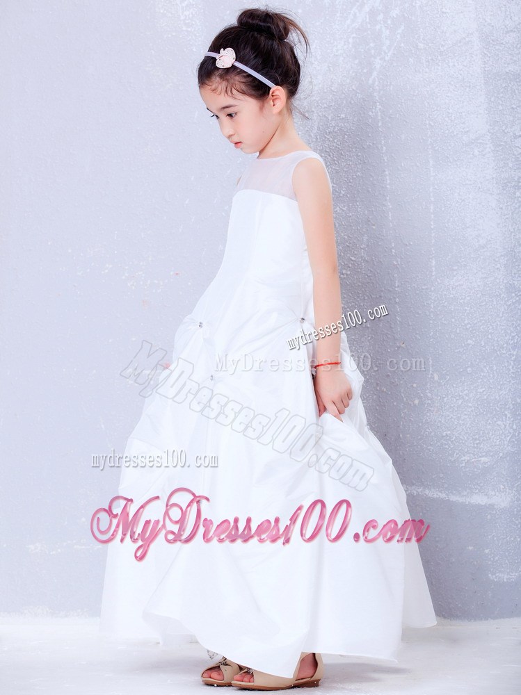 White Bateau Ankle-length Beading Flower Girl Dress