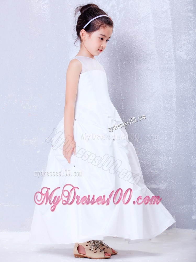 White Bateau Ankle-length Beading Flower Girl Dress