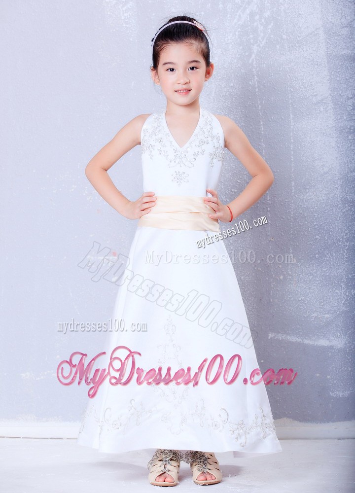 White Halter Ankle-length Embroidery Flower Girl Dress