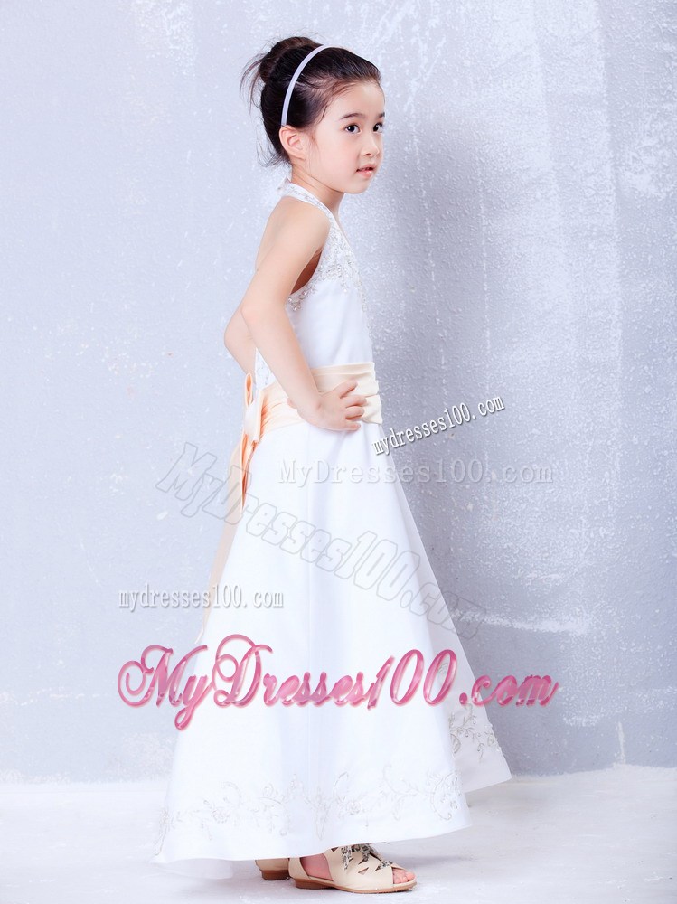 White Halter Ankle-length Embroidery Flower Girl Dress