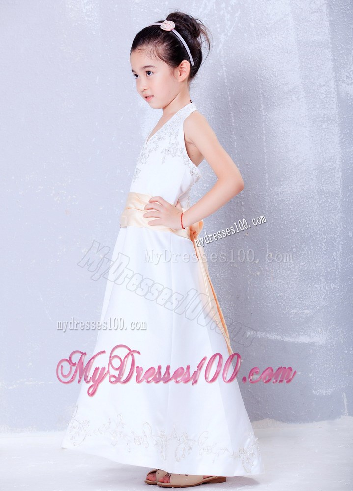 White Halter Ankle-length Embroidery Flower Girl Dress