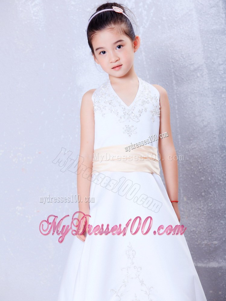 White Halter Ankle-length Embroidery Flower Girl Dress