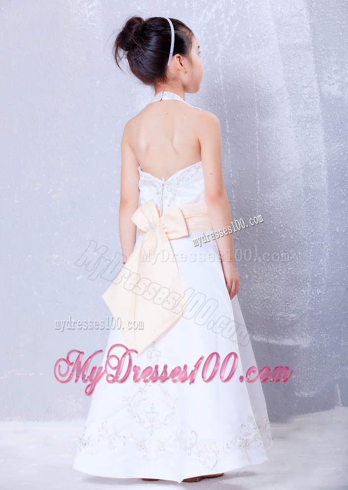 White Halter Ankle-length Embroidery Flower Girl Dress
