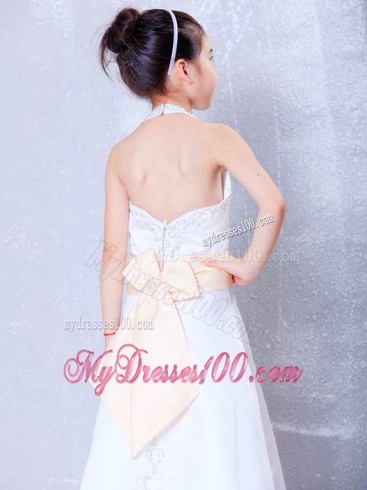 White Halter Ankle-length Embroidery Flower Girl Dress