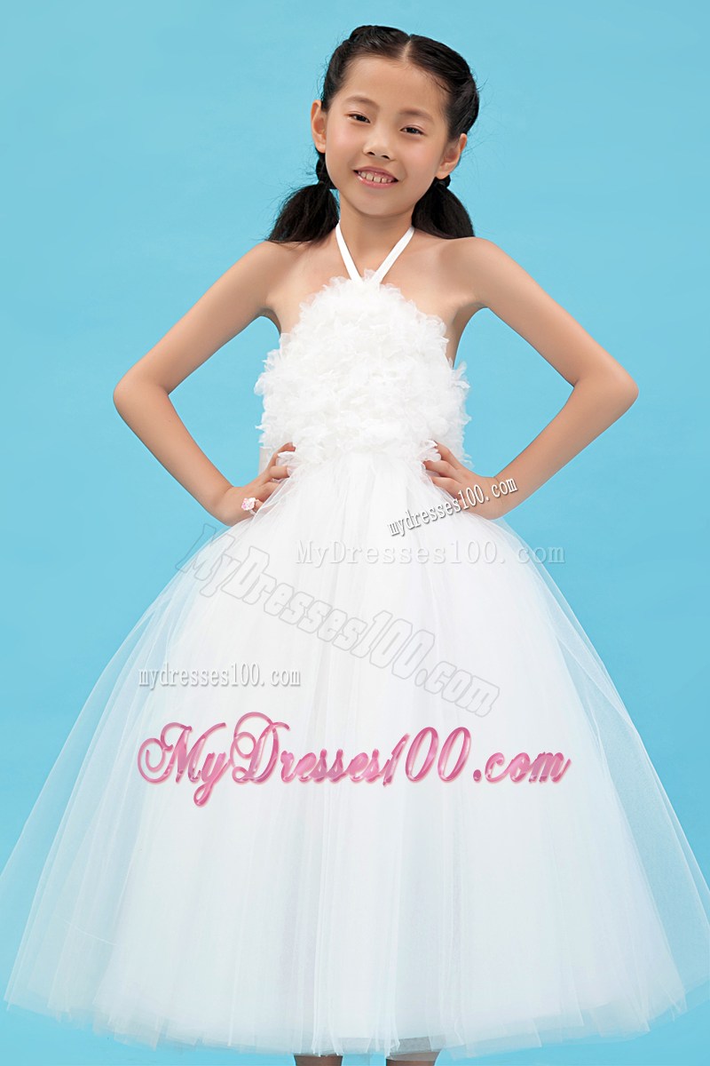 White Halter Ankle-length Appliques Flower Girl Dress