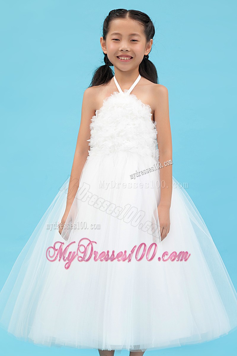 White Halter Ankle-length Appliques Flower Girl Dress