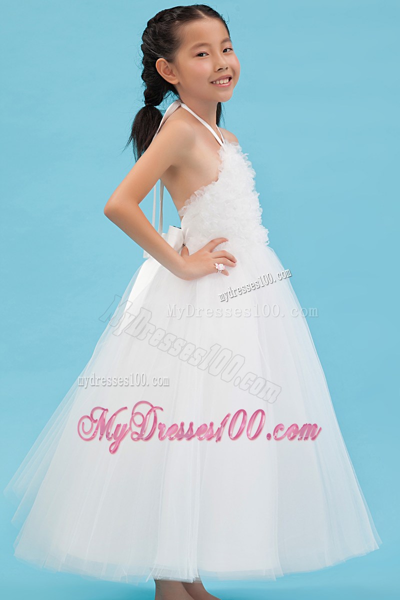 White Halter Ankle-length Appliques Flower Girl Dress