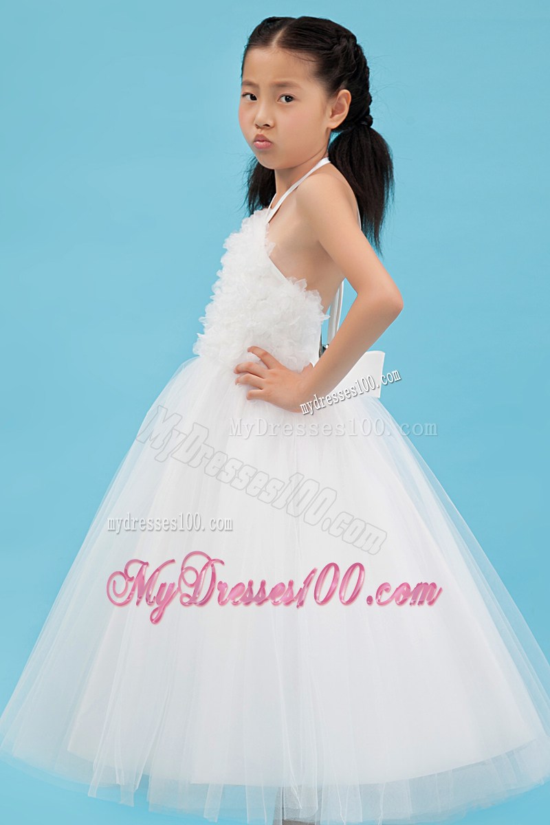 White Halter Ankle-length Appliques Flower Girl Dress