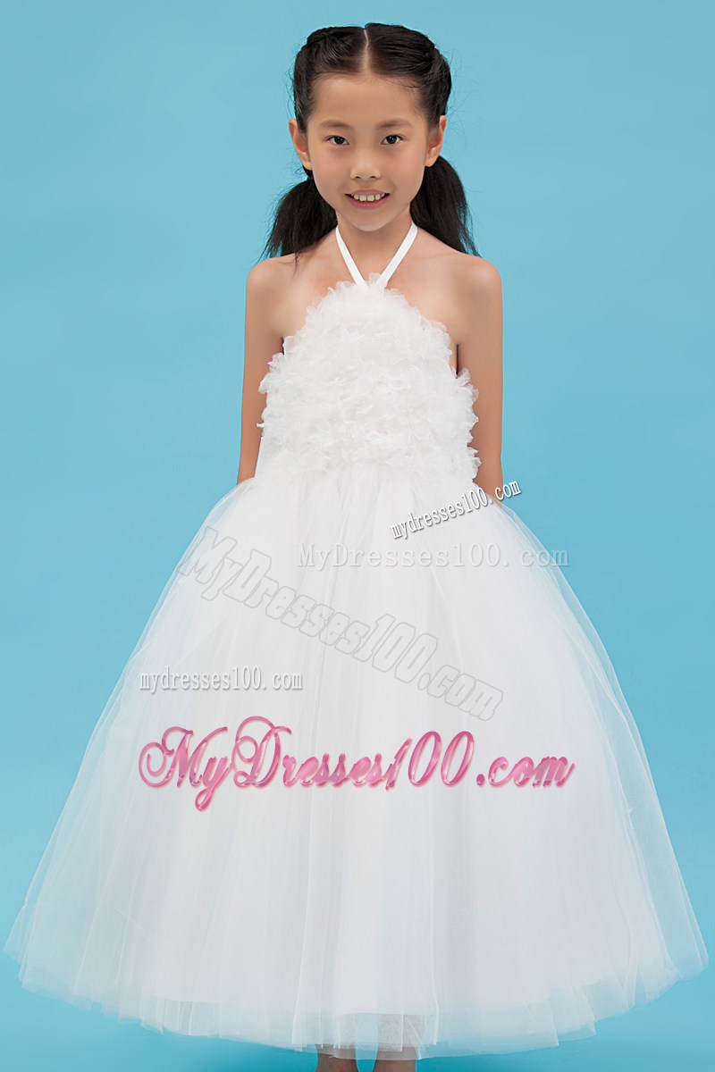 White Halter Ankle-length Appliques Flower Girl Dress