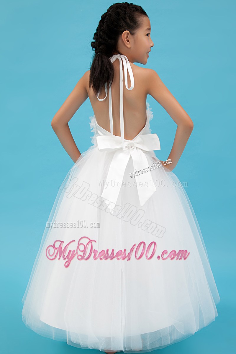 White Halter Ankle-length Appliques Flower Girl Dress