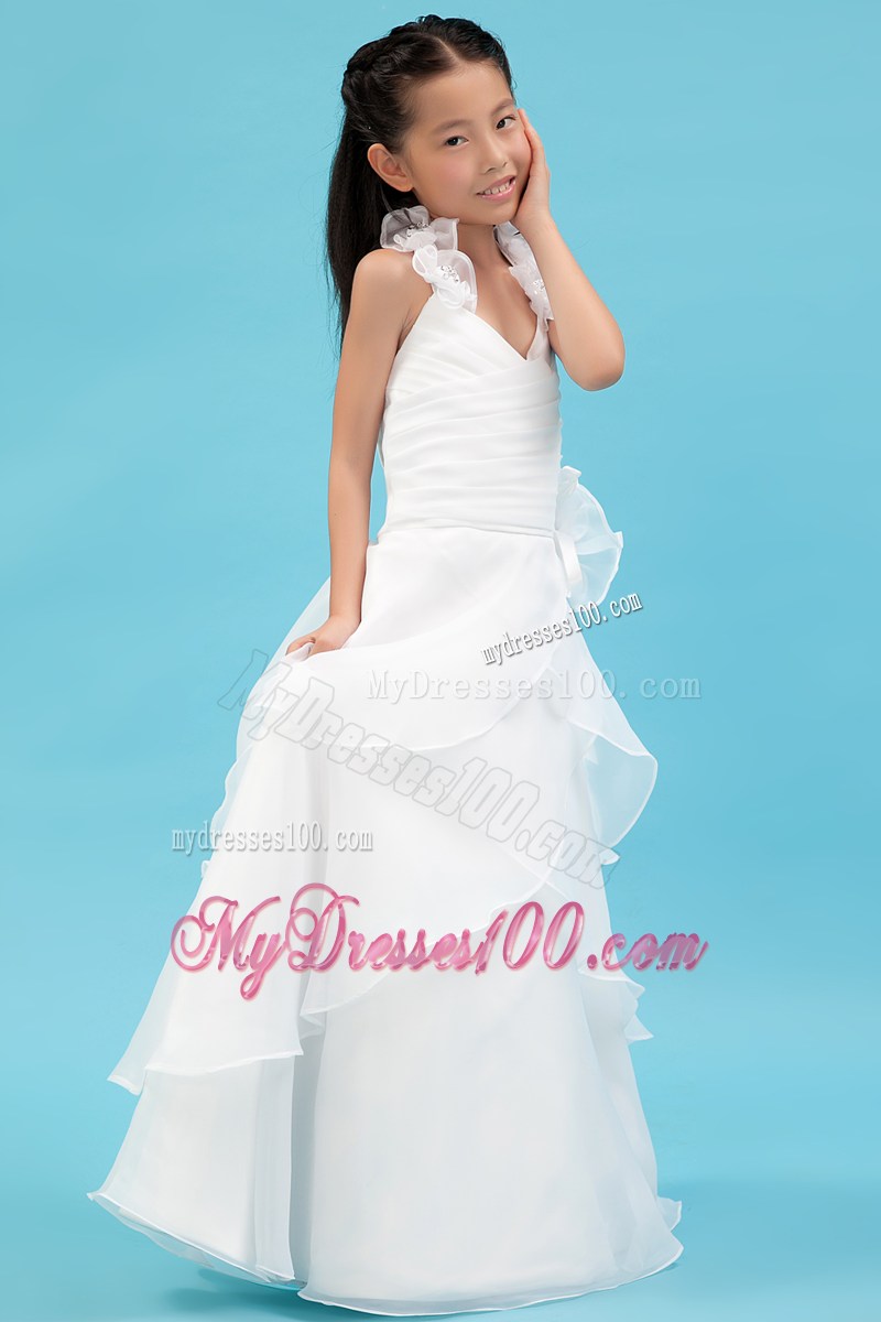 White Halter Floor-length Ruche Flower Girl Dress