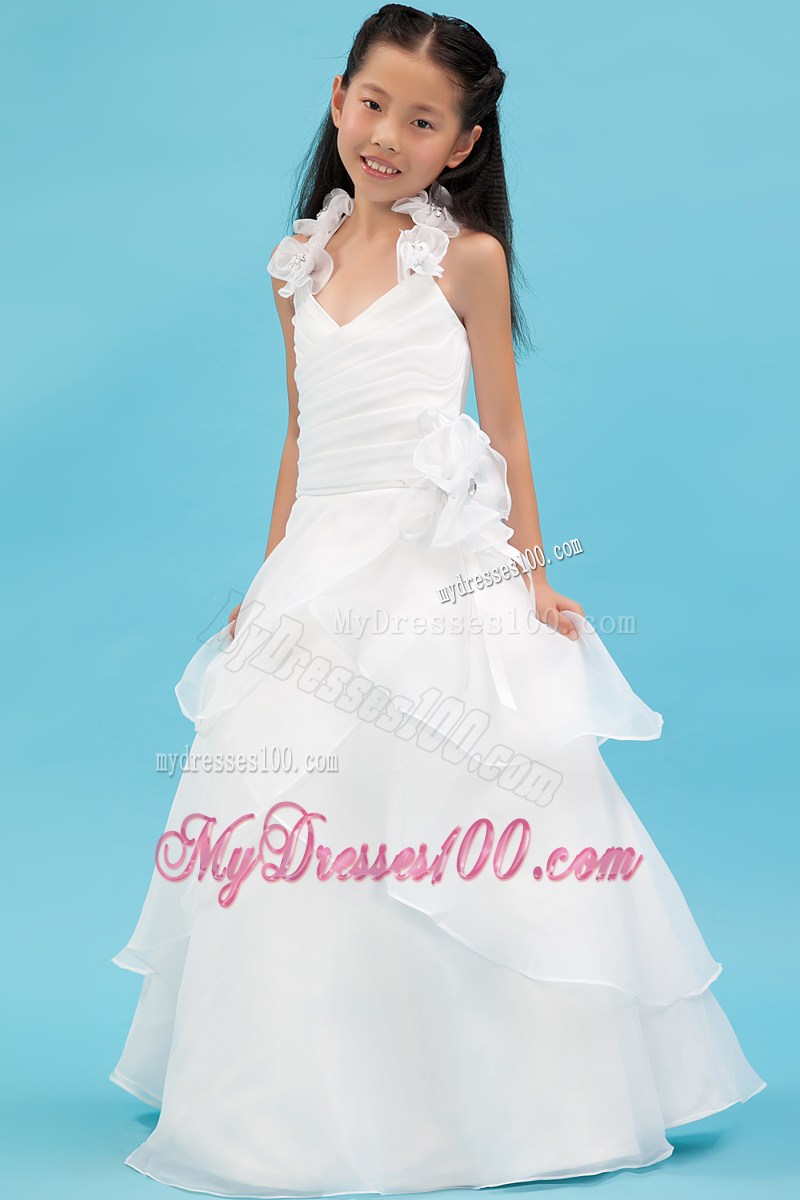White Halter Floor-length Ruche Flower Girl Dress