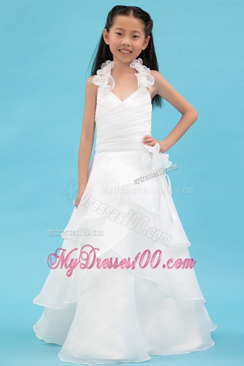 White Halter Floor-length Ruche Flower Girl Dress