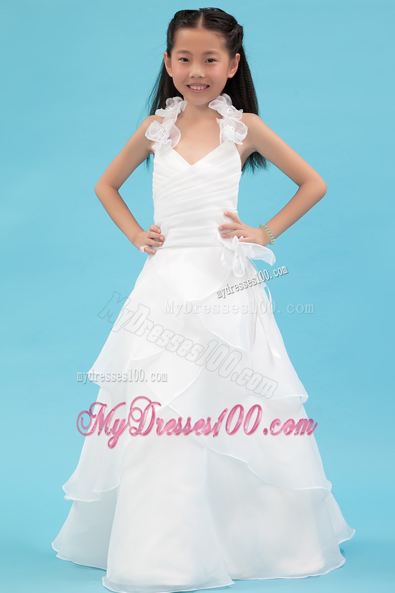 White Halter Floor-length Ruche Flower Girl Dress