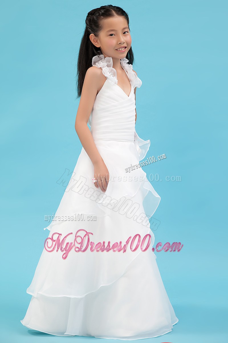 White Halter Floor-length Ruche Flower Girl Dress