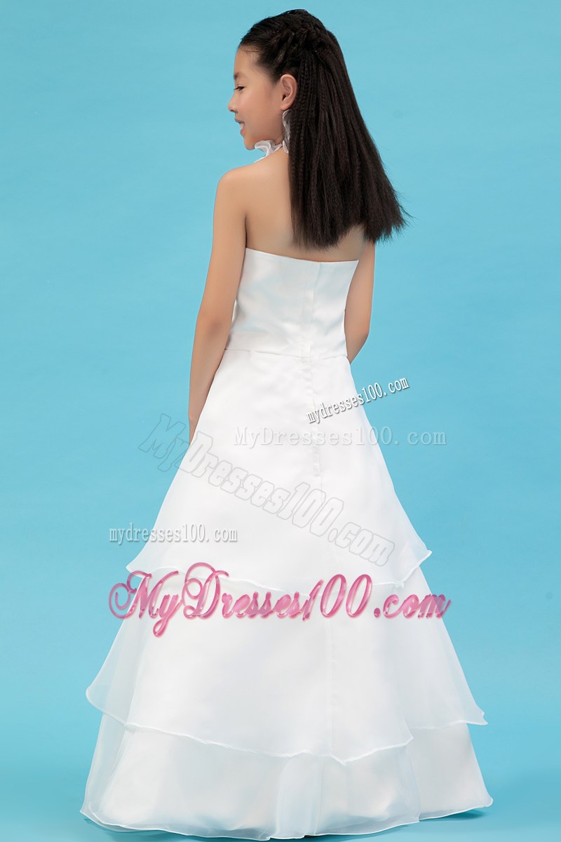 White Halter Floor-length Ruche Flower Girl Dress