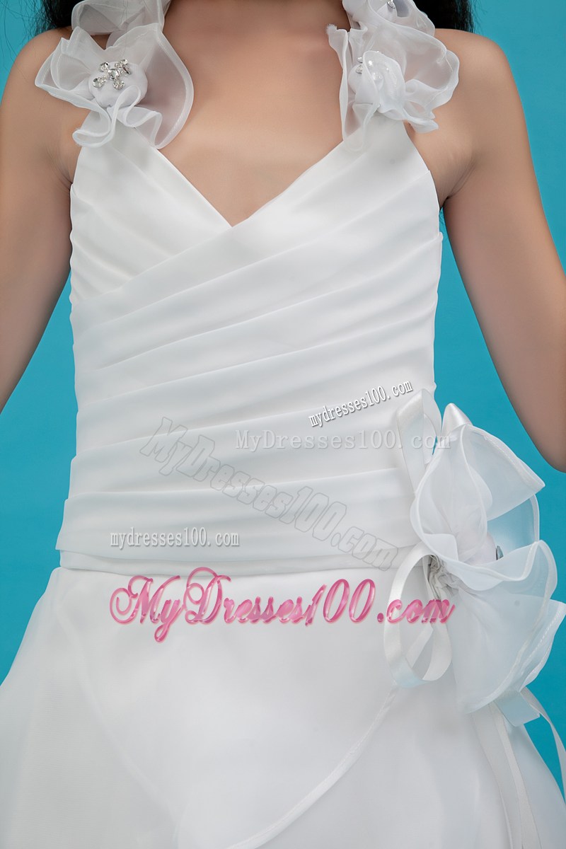 White Halter Floor-length Ruche Flower Girl Dress
