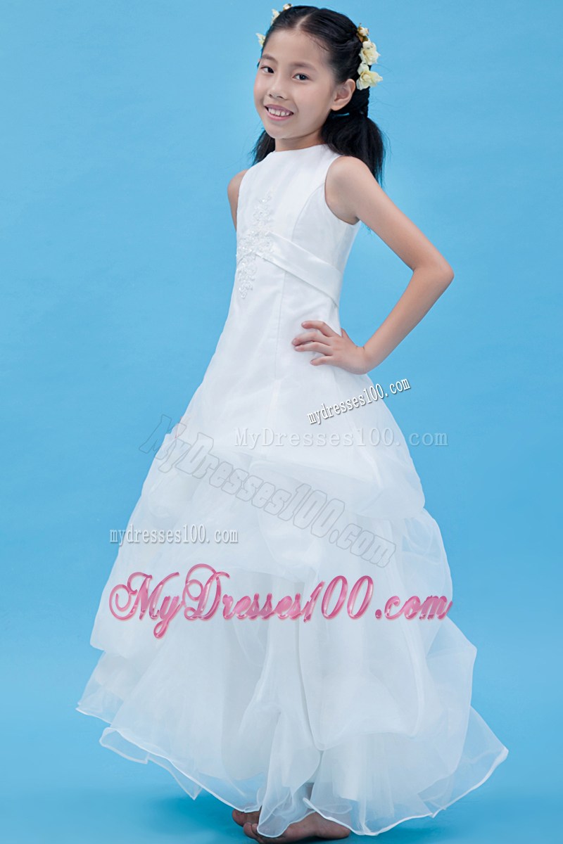 White Scoop Ankle-length Appliques Flower Girl Dress