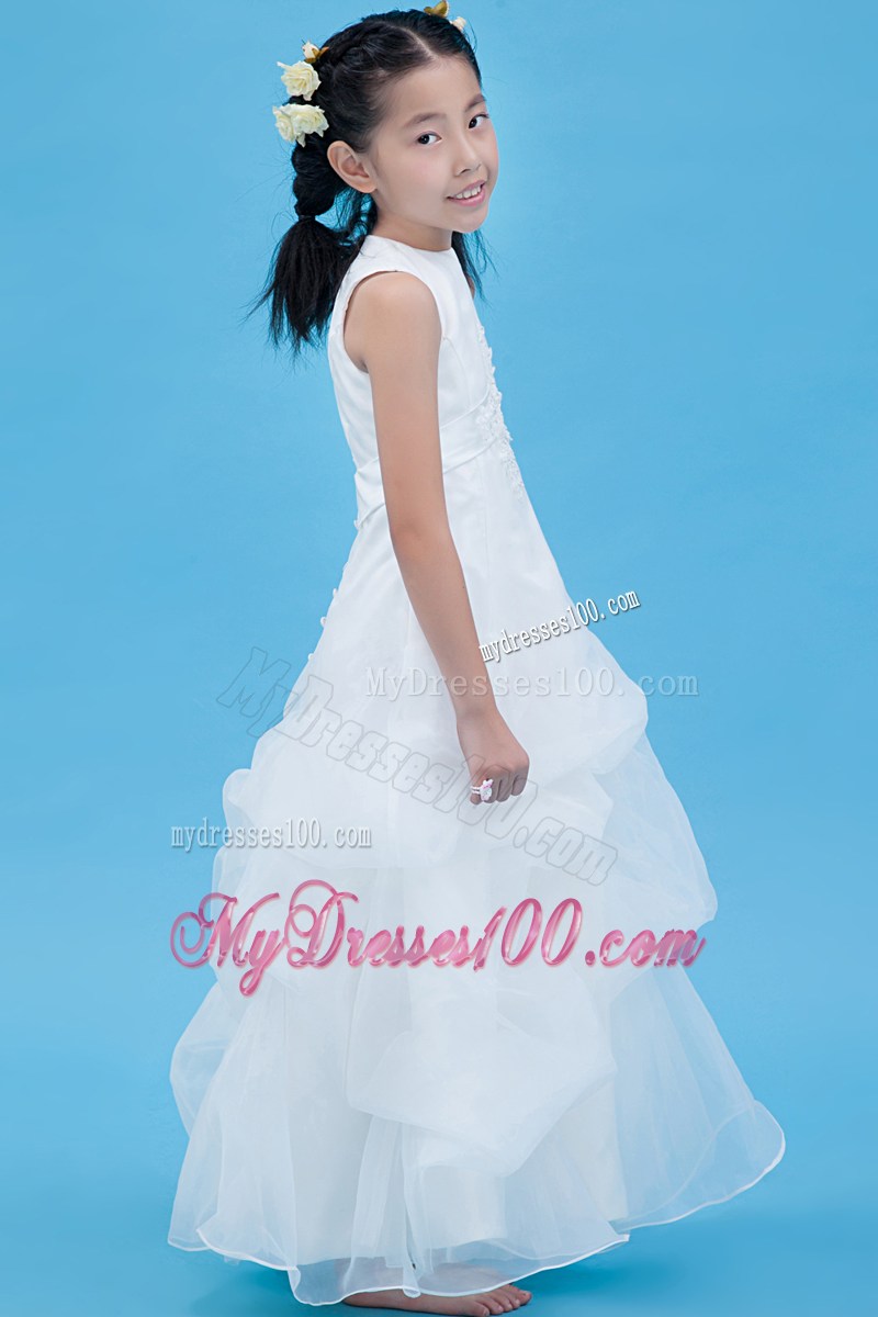 White Scoop Ankle-length Appliques Flower Girl Dress