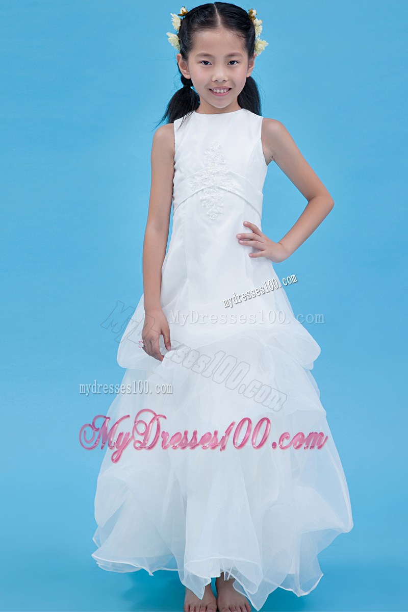 White Scoop Ankle-length Appliques Flower Girl Dress