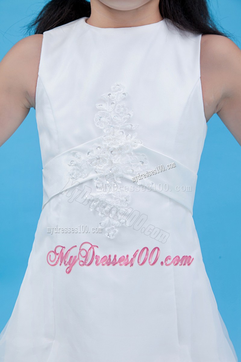 White Scoop Ankle-length Appliques Flower Girl Dress