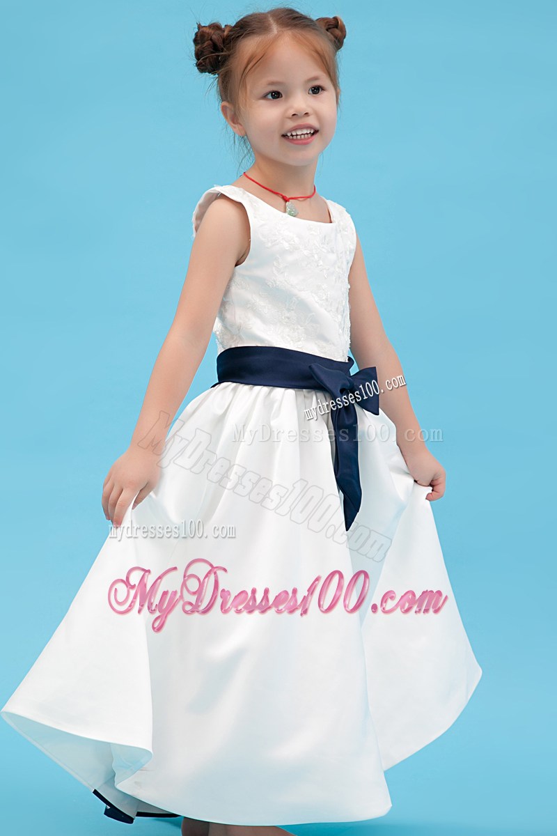 White Scoop Ankle-length Embroidery Flower Girl Dress