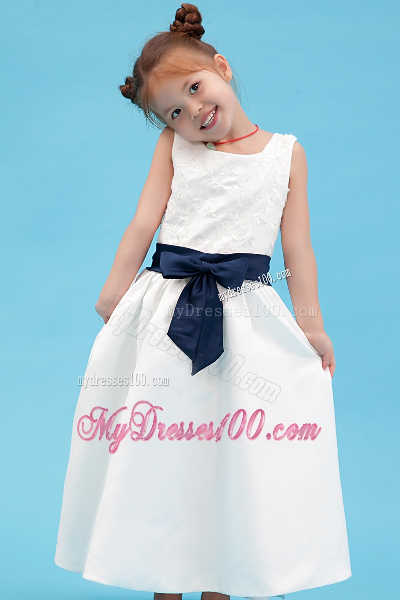 White Scoop Ankle-length Embroidery Flower Girl Dress