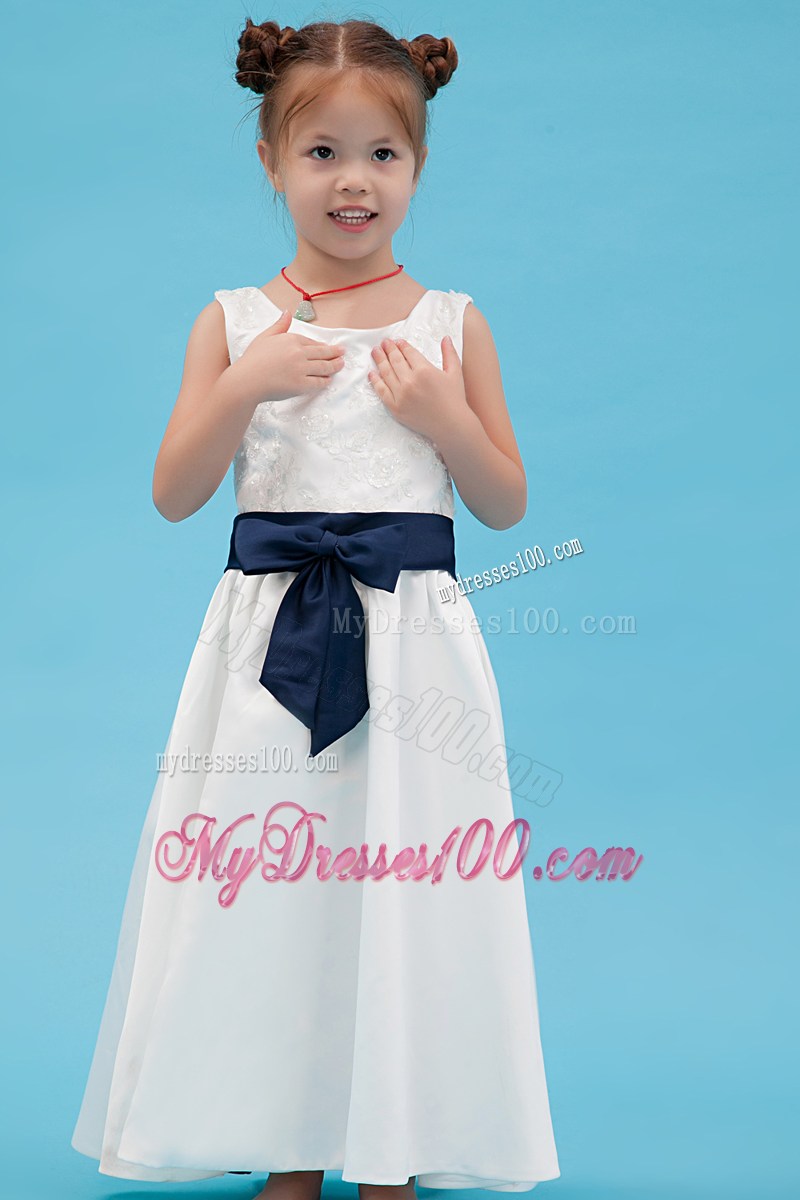 White Scoop Ankle-length Embroidery Flower Girl Dress