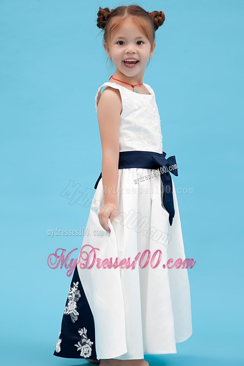 White Scoop Ankle-length Embroidery Flower Girl Dress