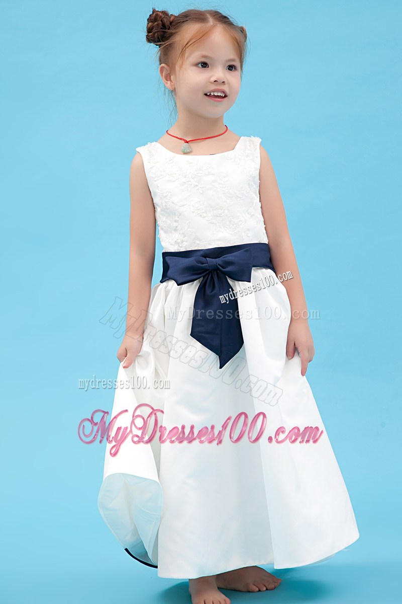 White Scoop Ankle-length Embroidery Flower Girl Dress