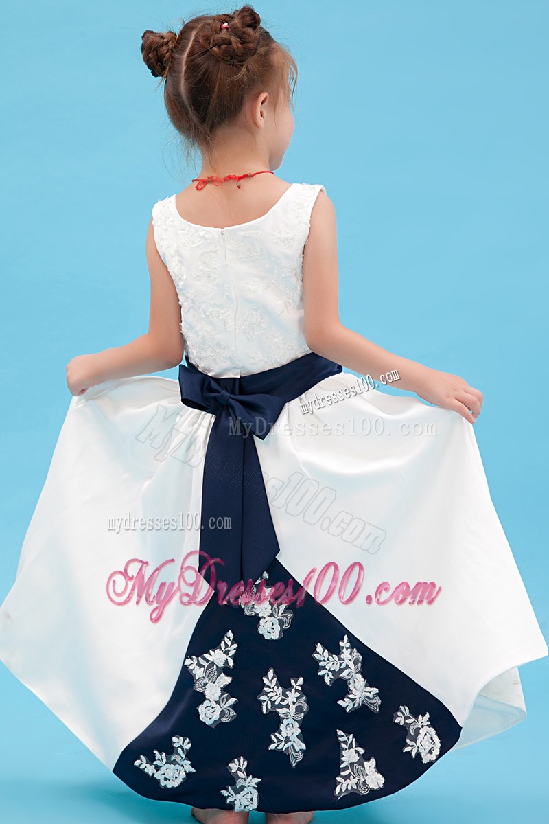 White Scoop Ankle-length Embroidery Flower Girl Dress