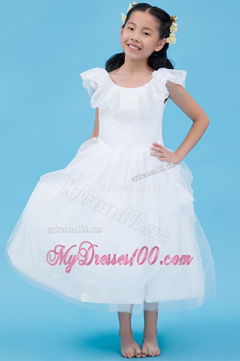 White Scoop Ankle-length Lace Flower Girl Dress