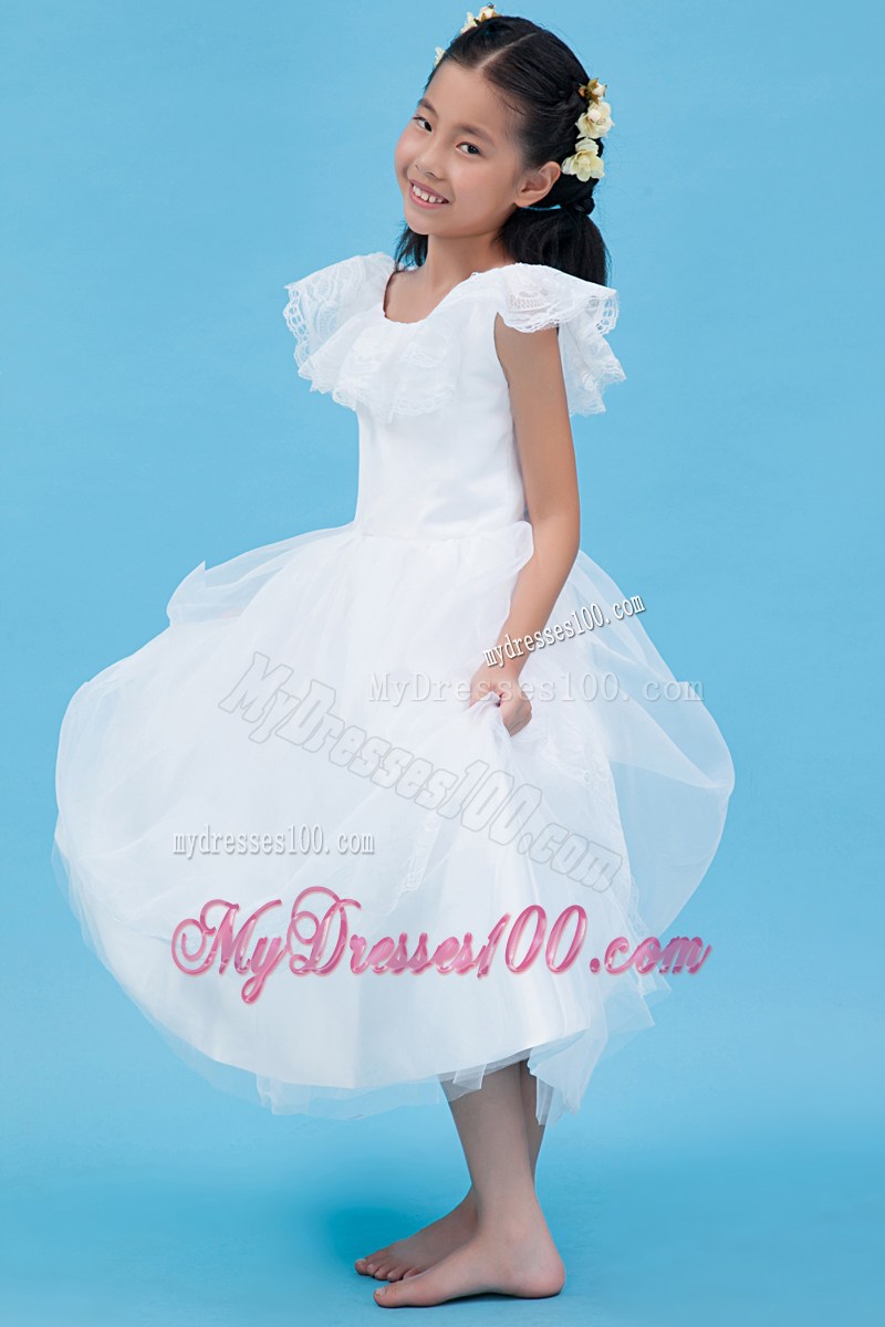 White Scoop Ankle-length Lace Flower Girl Dress