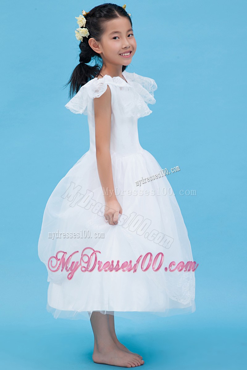 White Scoop Ankle-length Lace Flower Girl Dress
